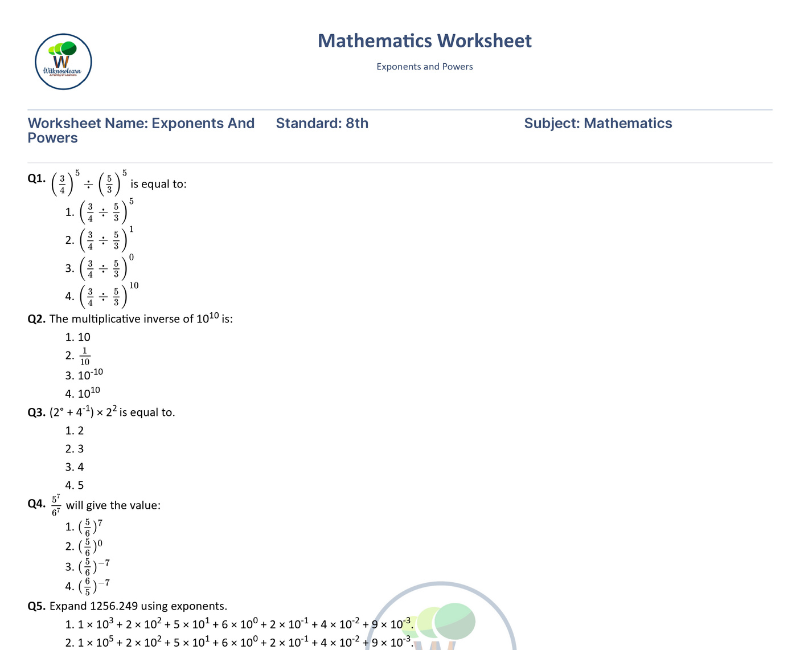 Exponents And Powers Class 8 Worksheets With Answers