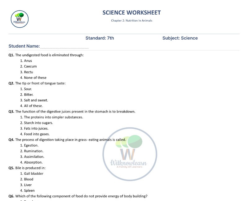 67 Questions based Nutrition in Animals class 7 worksheet with Answer