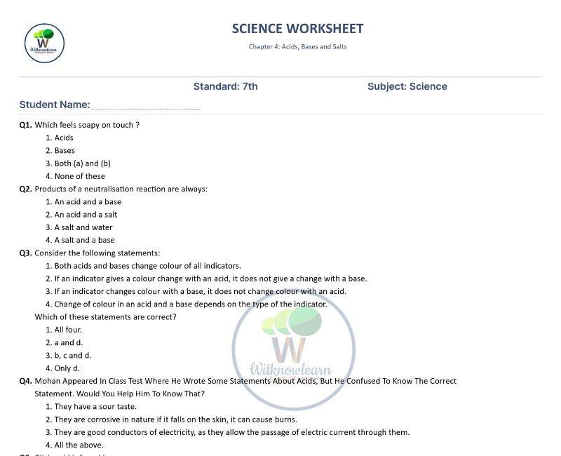 77 Challenging Questions on Acids Bases and salts Class 7 Worksheet ...