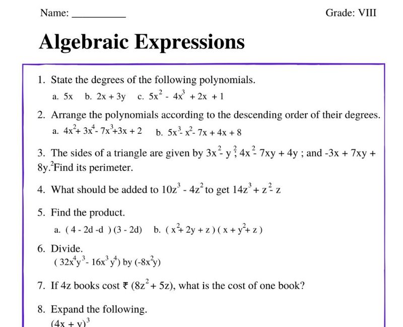 algebraic expressions class 8 assignment
