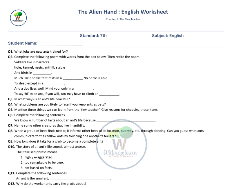 an-alien-hand-class-7-chapter-1-the-tiny-teacher-worksheet-with-answer