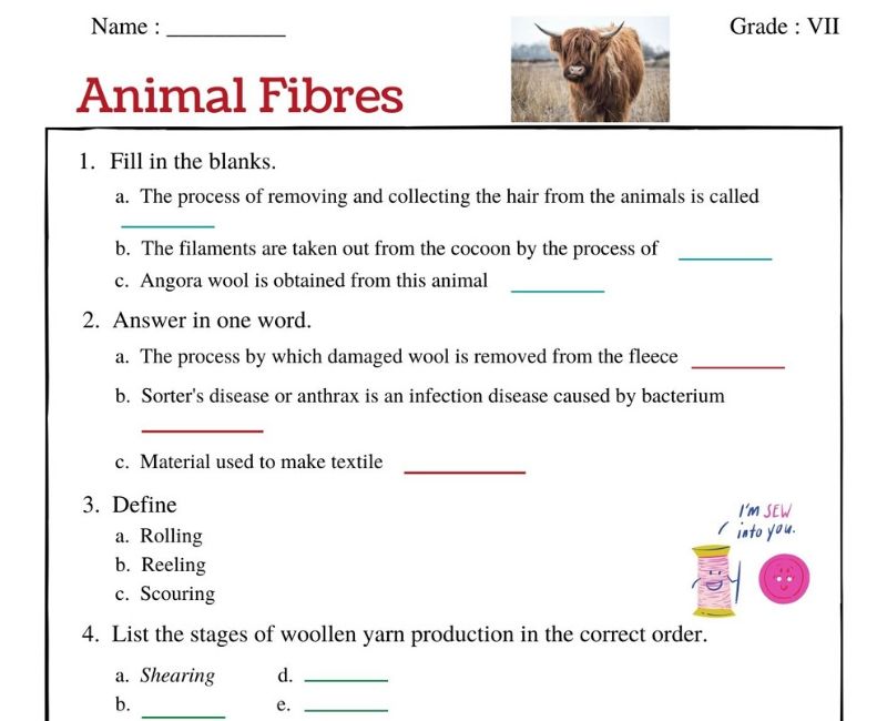 Animal Fibres class 7 | worksheet and Printable