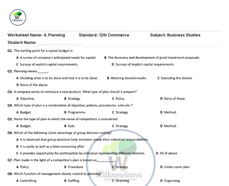 Class 12 Business Studies Chapter 4 Planning - 100 Extra Questions ...