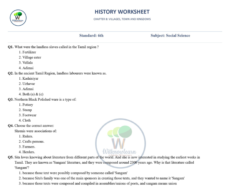 class 6 history chapter 8 Villagers, Towns and Kingdoms worksheet with ...