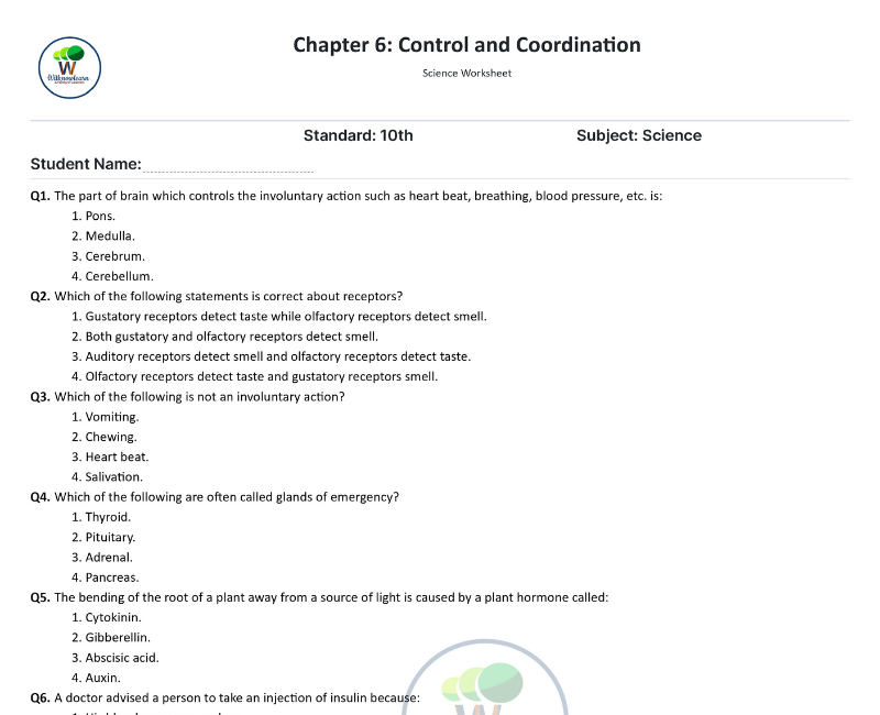 Control and Coordination Class 10 Worksheet With Answers