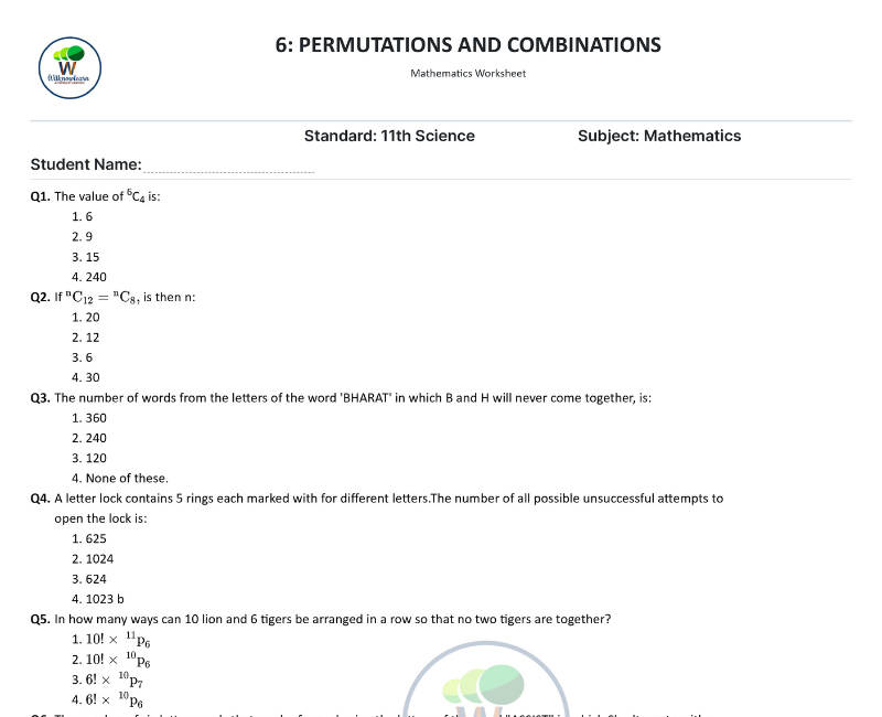 Permutations and Combinations Class 11 Worksheet