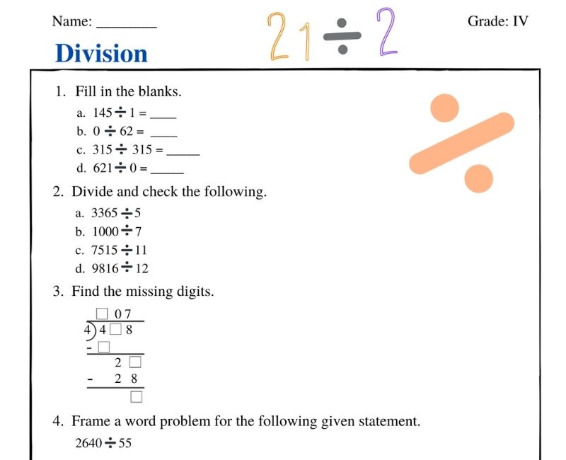 worksheet for class 4th division