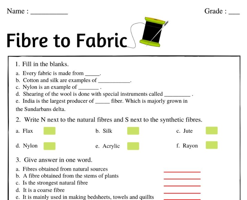 Free Downloadable Fibre to Fabric Worksheet For Class 6