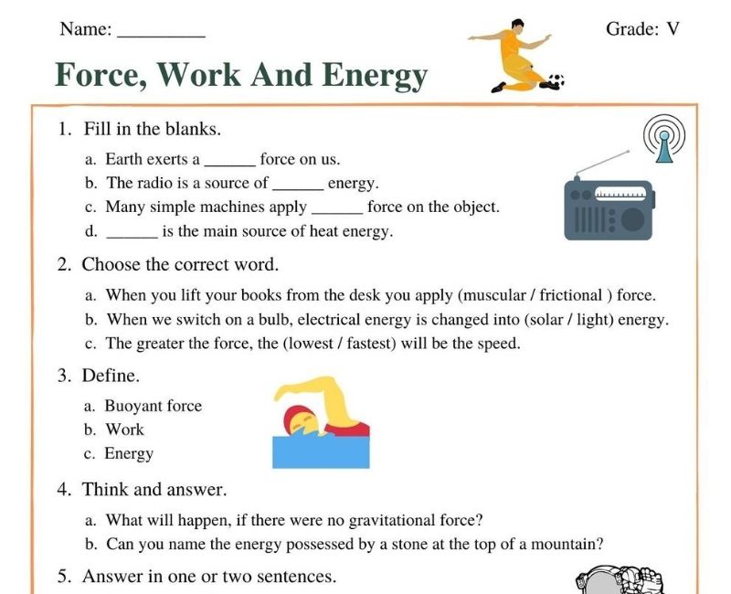 Fun and Engaging Force Work and Energy Class 5 Worksheet