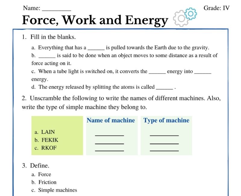 force work and energy class 4 worksheet for cbse board