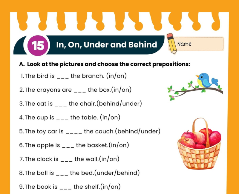 Engaging Preposition worksheet - In, On, Under, Behind Worksheet for ...