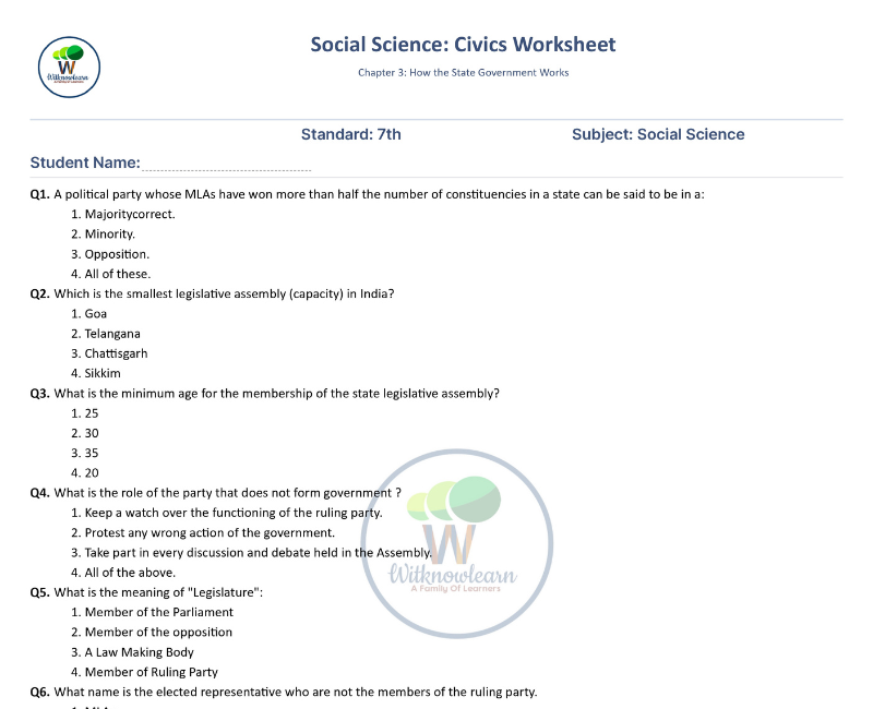 How the state government works class 7 Worksheet with Answers MCQ