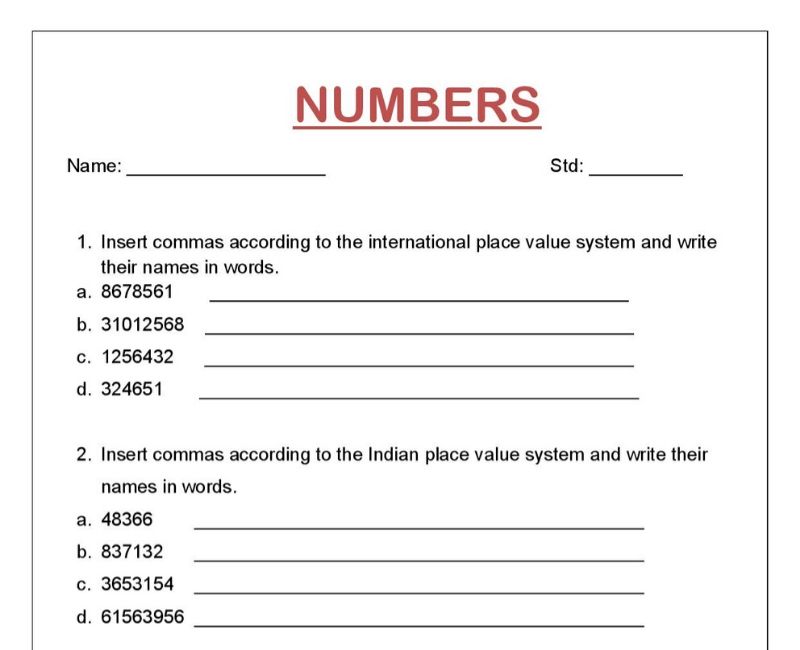 number worksheet for grade 5, including questions on place value, Indian pl...