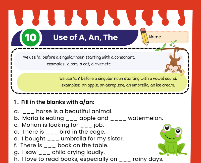Use Of A An The For Class 2 Worksheets