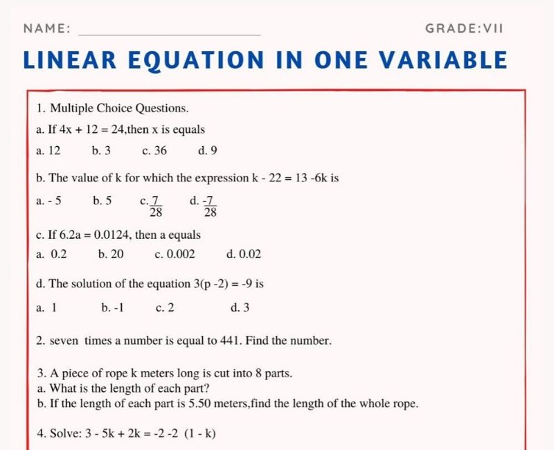 Math Worksheets For Grade 7 Linear Equations