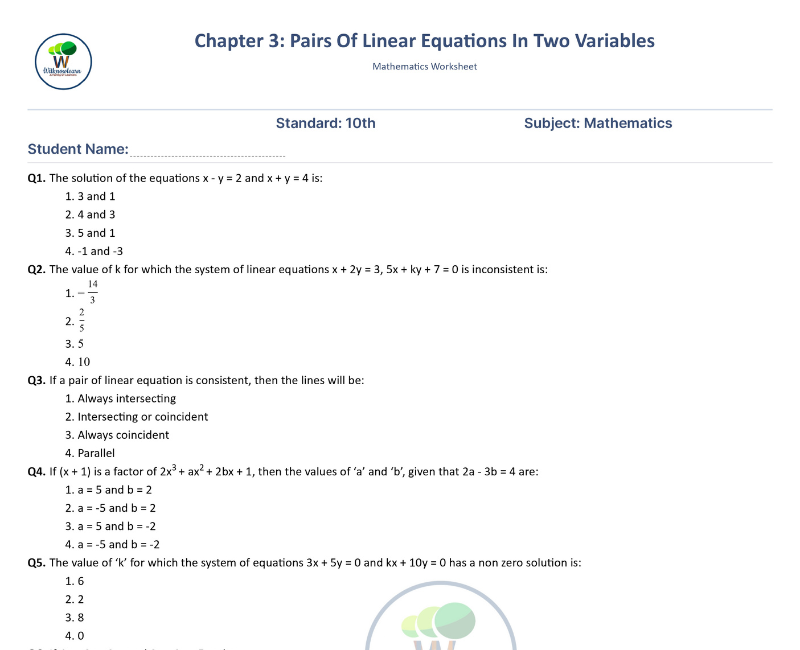 Mastering Pairs Of Linear Equations In Two Variables A Comprehensive Class 10 Worksheet With 7461