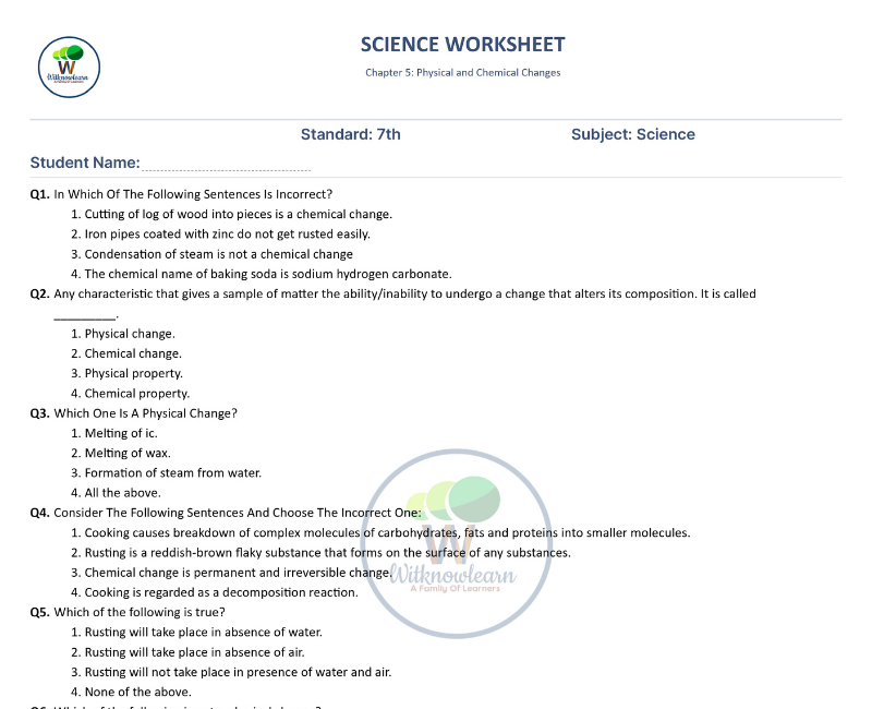 Mastering Physical and Chemical Changes: Class 7 Worksheet with 60 ...