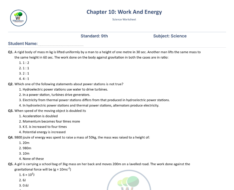 case study questions for class 9 work and energy