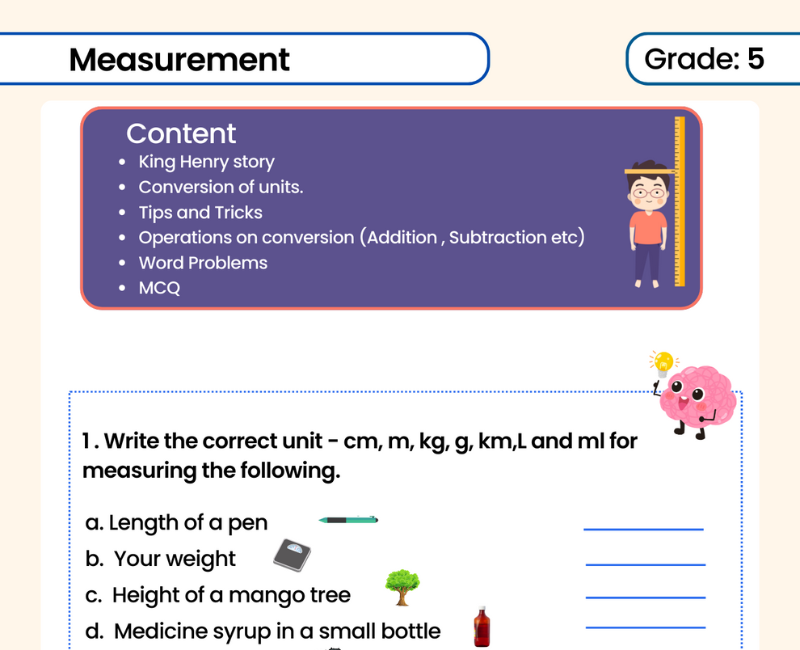 11 Pages Printable Measurement Worksheet for Class 5th with Answer Key