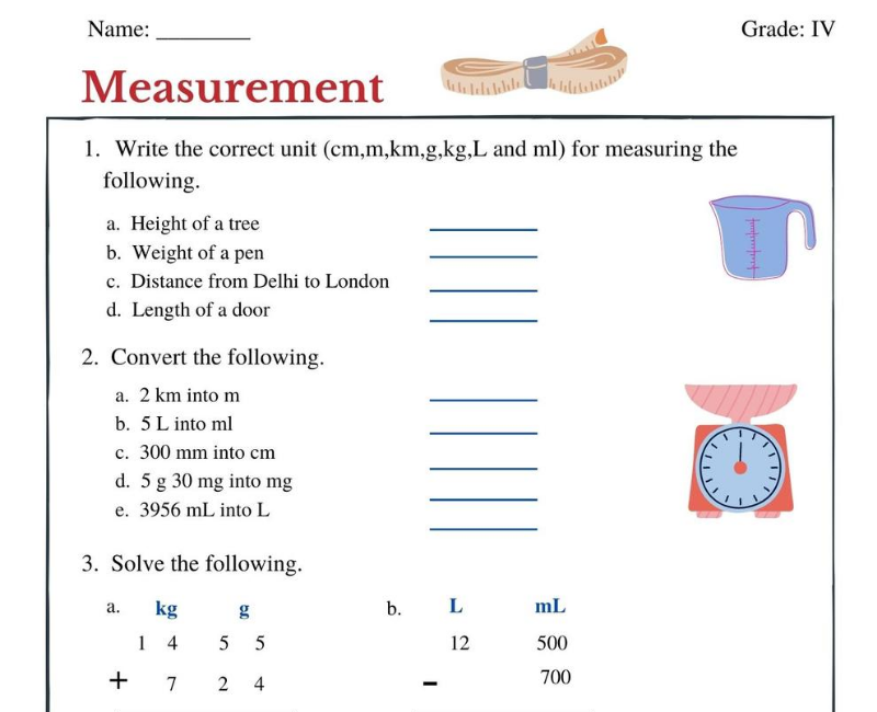 measurement worksheets for grade 4