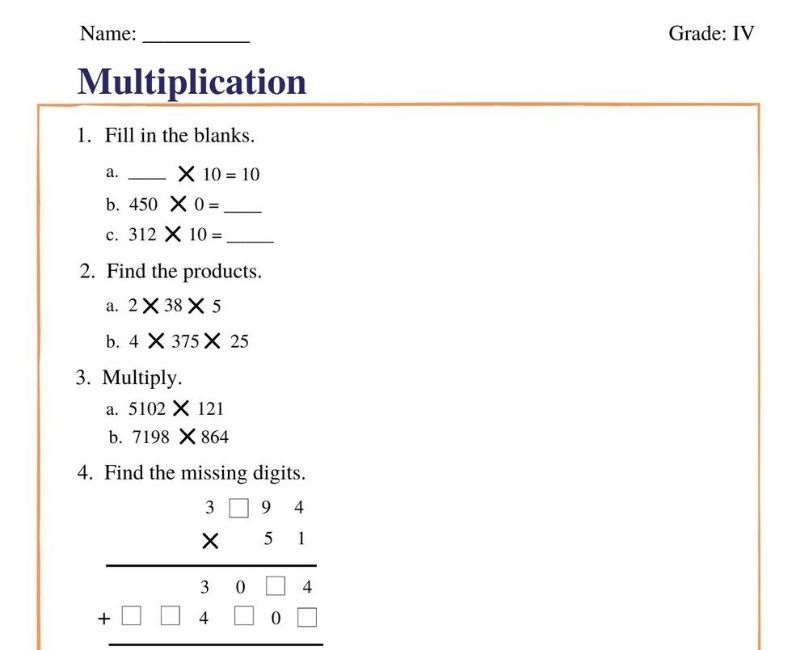 Multiplication Worksheet For Class 4