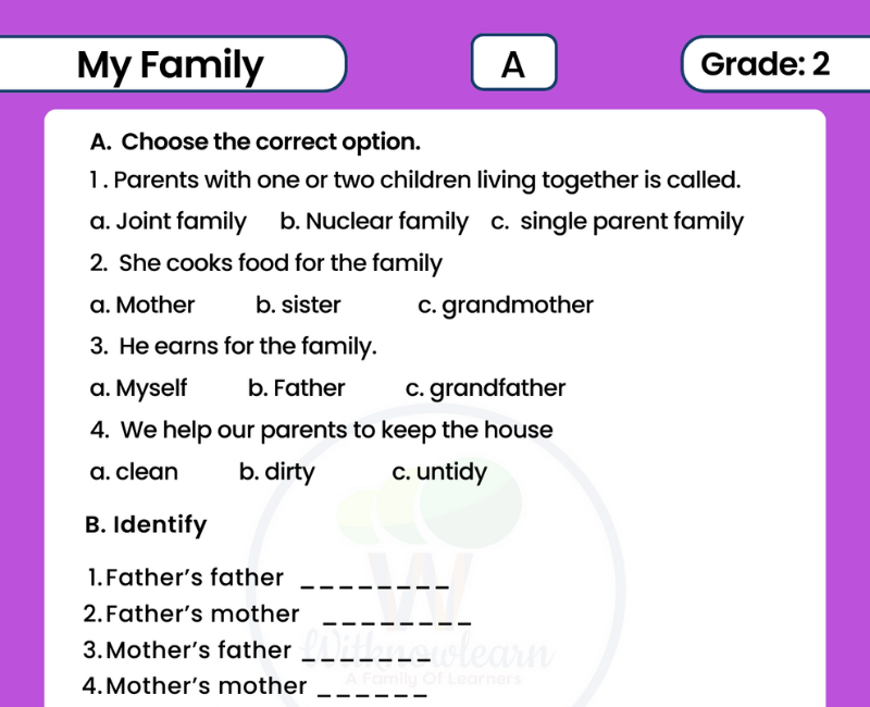 My Family EVS Class 2 Worksheet: 4 Pages of Engaging Activities with answer