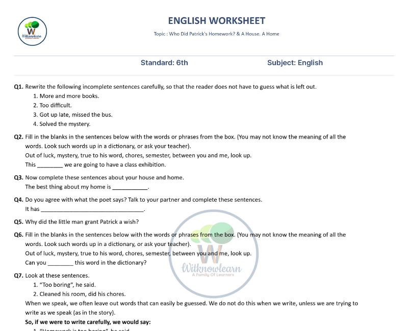 NCERT Class 6 Unit 1 English Worksheet: Who Did Patrick's Homework & A House, A Home