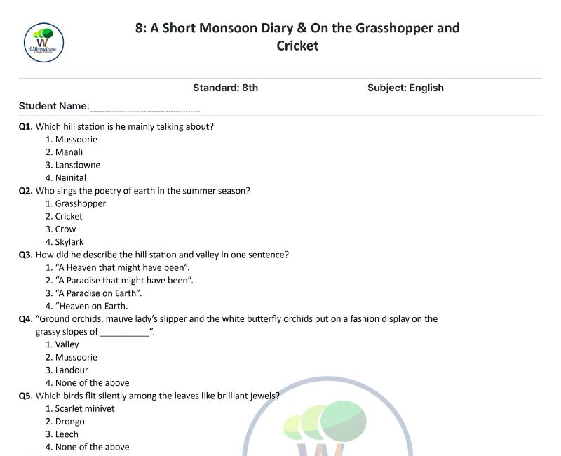 NCERT Class 8 A Short Monsoon Diary Worksheet With Answer