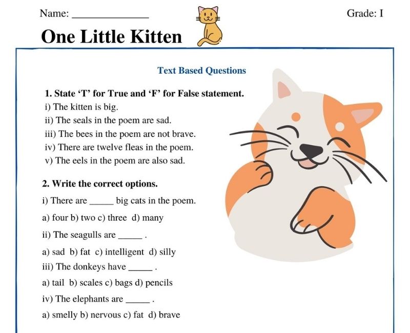 One little kitten | class 1 English worksheet