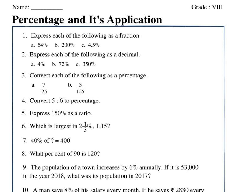 Percentage Worksheets For Grade 8 With Answers
