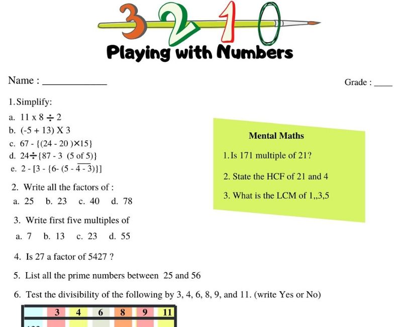 Free Printable Playing With Numbers Worksheets For Class 6
