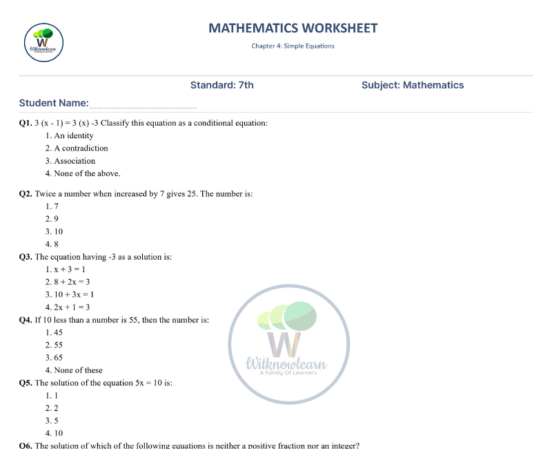 case study questions on simple equations class 7 worksheets