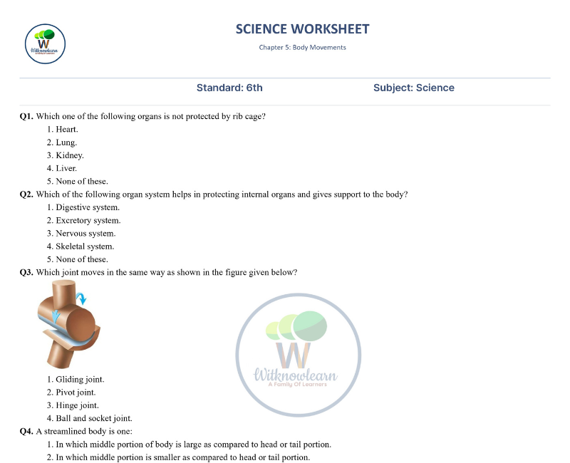 Body Movements Class 6 Worksheet With Answers