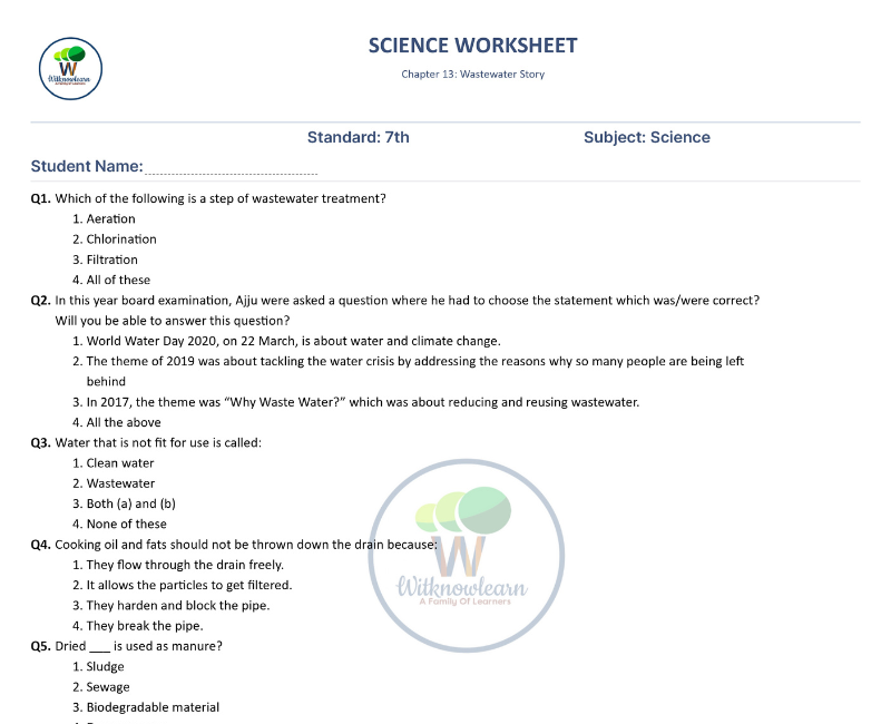 Printable Wastewater Story class 7 worksheet with Answer - 60 Questions