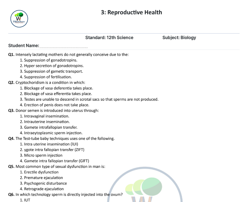 Reproductive Health Class 12 100 Questions with Answer Including MCQ