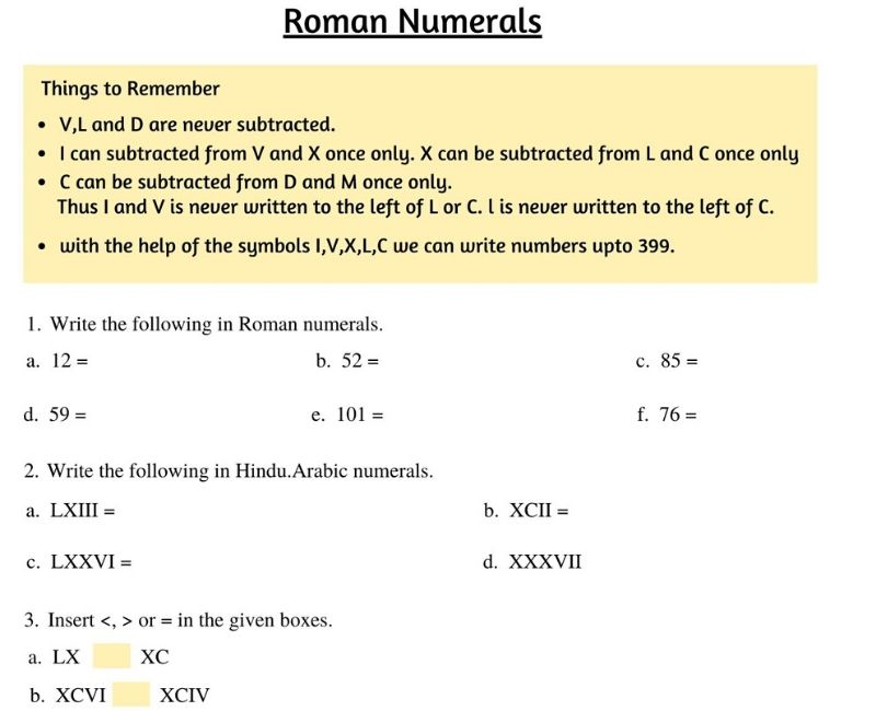 Roman Numerals Worksheet For Class 4 Pdf