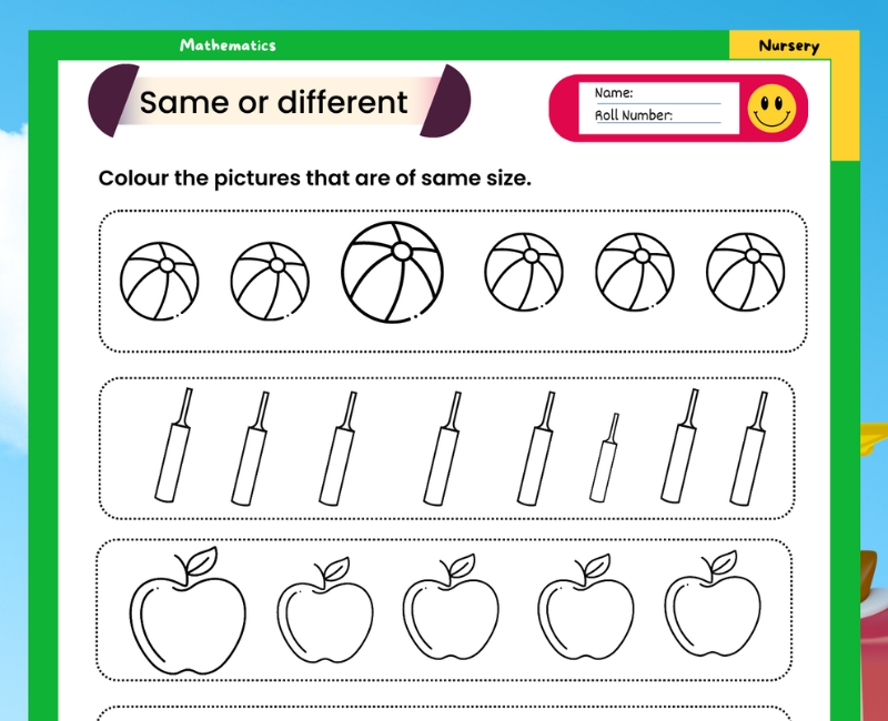 Same and different worksheet for nursery