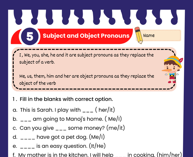 Subject And Object Pronouns Worksheet Grade 5
