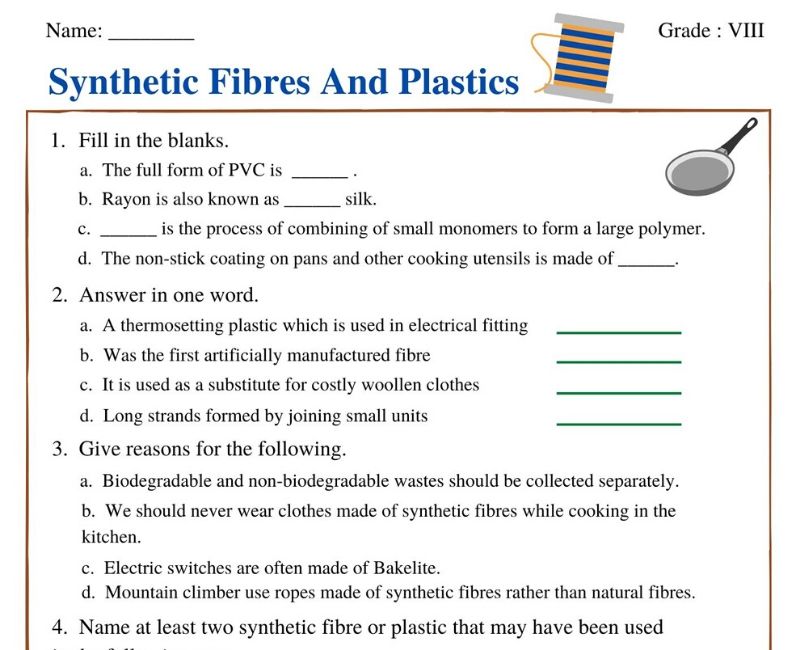 Printable Worksheets for Synthetic Fibres and Plastics for Class 8