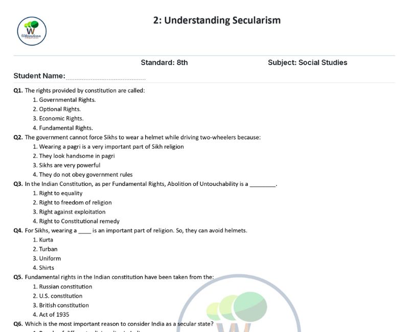 Understanding Secularism Class 8 Worksheet With Answers Including MCQ