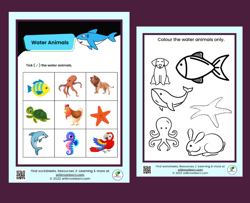 Water animals worksheets - worksheets for Nursery