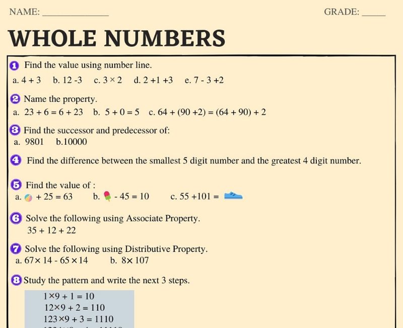 Properties Of Whole Numbers Worksheets For Grade 6