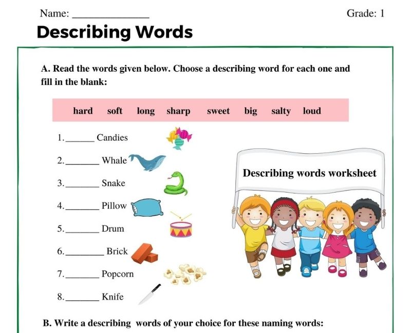 Worksheet On Describing Words Class 1 English Grammar