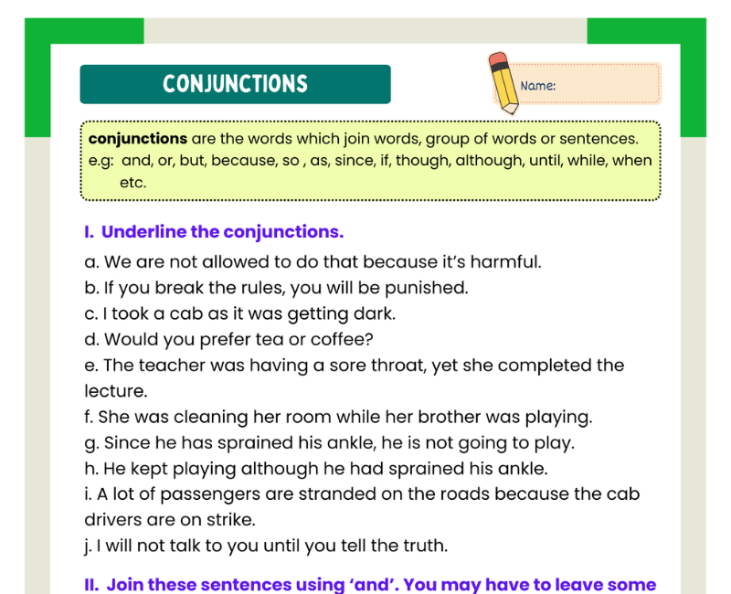 Conjunction Worksheet For Class 4th