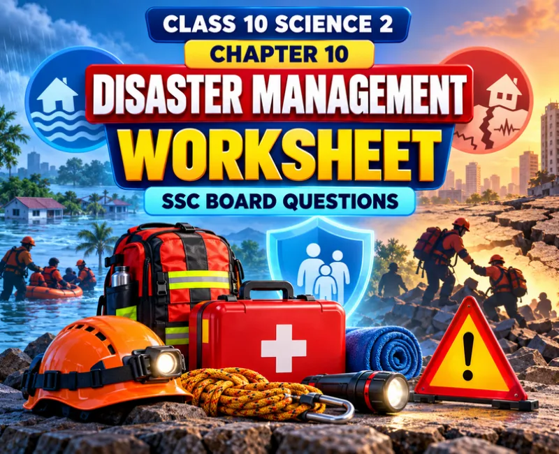Class 10 Science 2 Chapter 10 Disaster Management worksheet showing emergency kit, rescue equipment, warning signs and SSC questions