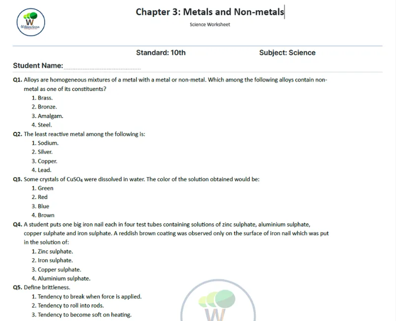 Metals and Non metals class 10 worksheet with answer pdf
