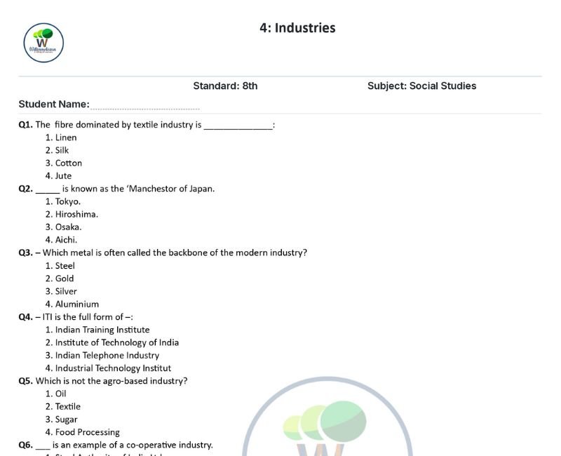 class 8 geography chapter 4 industries mcqs