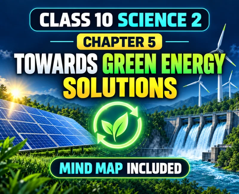 Class 10 Science 2 Chapter 5 Towards Green Energy solutions showing solar panels, wind turbines, a hydroelectric dam and mind map
