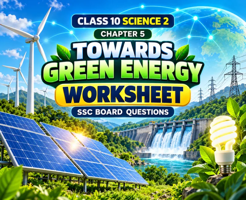 Class 10 Science 2 Chapter 5 Towards Green Energy worksheet showing solar panels, wind turbines, hydroelectric dam and SSC Board questions